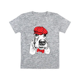 Детская футболка хлопок с принтом Бассет-хаунд в Тюмени, 100% хлопок | круглый вырез горловины, полуприлегающий силуэт, длина до линии бедер | bow | breed | cap | christmas | dog | holiday | new year | red | wint | бант | бассет хаунд | в горошек | новый год | порода | рождество | фуражка