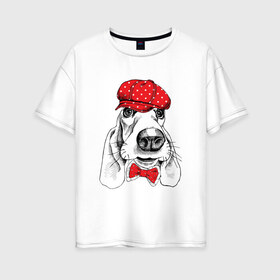 Женская футболка хлопок Oversize с принтом Бассет-хаунд в Тюмени, 100% хлопок | свободный крой, круглый ворот, спущенный рукав, длина до линии бедер
 | bow | breed | cap | christmas | dog | holiday | new year | red | wint | бант | бассет хаунд | в горошек | новый год | порода | рождество | фуражка