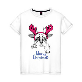 Женская футболка хлопок с принтом Бульдог Олень в Тюмени, 100% хлопок | прямой крой, круглый вырез горловины, длина до линии бедер, слегка спущенное плечо | Тематика изображения на принте: breed | bulldog | christmas | deer | dog | holiday | horns | ne | santa claus | scarf | snow | snowflakes | winter | бульдог | дед мороз | зима | новый год | олень | очки | порода | праздник | рога | рождество | санта клаус | снег | снежинки | с