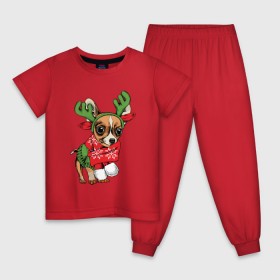 Детская пижама хлопок с принтом Год собаки в Тюмени, 100% хлопок |  брюки и футболка прямого кроя, без карманов, на брюках мягкая резинка на поясе и по низу штанин
 | Тематика изображения на принте: christmas | deer | dog | holiday | horns | new year | scarf | snow | snowflakes | sweater | winter | зима | новый год | олень | праздник | рога | рождество | свитер | снег | снежинки | собака | шарф