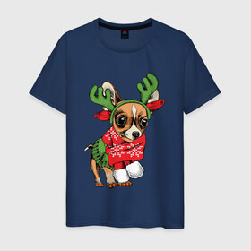 Мужская футболка хлопок с принтом Год собаки в Тюмени, 100% хлопок | прямой крой, круглый вырез горловины, длина до линии бедер, слегка спущенное плечо. | christmas | deer | dog | holiday | horns | new year | scarf | snow | snowflakes | sweater | winter | зима | новый год | олень | праздник | рога | рождество | свитер | снег | снежинки | собака | шарф