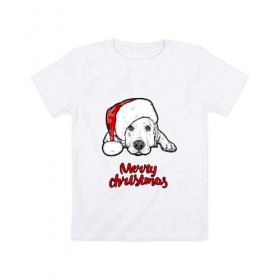 Детская футболка хлопок с принтом Собака Санта в Тюмени, 100% хлопок | круглый вырез горловины, полуприлегающий силуэт, длина до линии бедер | Тематика изображения на принте: christmas | dog | holiday | new year | santa claus | santa hat | snow | snowflakes | winter | дед мороз | зима | новый год | праздник | рождество | санта клаус | снег | снежинки | собака | шапка