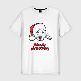 Мужская футболка премиум с принтом Собака Санта в Тюмени, 92% хлопок, 8% лайкра | приталенный силуэт, круглый вырез ворота, длина до линии бедра, короткий рукав | christmas | dog | holiday | new year | santa claus | santa hat | snow | snowflakes | winter | дед мороз | зима | новый год | праздник | рождество | санта клаус | снег | снежинки | собака | шапка