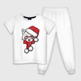 Детская пижама хлопок с принтом Енот Санта в Тюмени, 100% хлопок |  брюки и футболка прямого кроя, без карманов, на брюках мягкая резинка на поясе и по низу штанин
 | Тематика изображения на принте: christmas | father christmas | hat | holiday | new year | raccoon | santa claus | scarf | snow | snowflakes | winter | дед мороз | енот | зима | новый год | очки | праздник | рождество | санта клаус | снег | снежинки | шапка | шарф