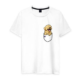 Мужская футболка хлопок с принтом Собачка в кармане в Тюмени, 100% хлопок | прямой крой, круглый вырез горловины, длина до линии бедер, слегка спущенное плечо. | год собаки | новый год | собака