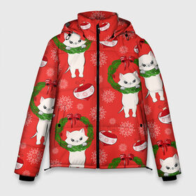 Мужская зимняя куртка 3D с принтом Новогодние кошки в Тюмени, верх — 100% полиэстер; подкладка — 100% полиэстер; утеплитель — 100% полиэстер | длина ниже бедра, свободный силуэт Оверсайз. Есть воротник-стойка, отстегивающийся капюшон и ветрозащитная планка. 

Боковые карманы с листочкой на кнопках и внутренний карман на молнии. | зима | кот | новый год | подарок | рождество