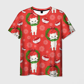 Мужская футболка 3D с принтом Новогодние кошки в Тюмени, 100% полиэфир | прямой крой, круглый вырез горловины, длина до линии бедер | зима | кот | новый год | подарок | рождество