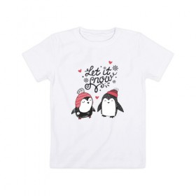 Детская футболка хлопок с принтом Пингвинчики в Тюмени, 100% хлопок | круглый вырез горловины, полуприлегающий силуэт, длина до линии бедер | Тематика изображения на принте: зима | новый год | пингвин | подарок | рождество