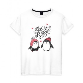 Женская футболка хлопок с принтом Пингвинчики в Тюмени, 100% хлопок | прямой крой, круглый вырез горловины, длина до линии бедер, слегка спущенное плечо | зима | новый год | пингвин | подарок | рождество