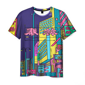 Мужская футболка 3D с принтом Токио в Тюмени, 100% полиэфир | прямой крой, круглый вырез горловины, длина до линии бедер | азия | буквы | вывески | иероглифы | кислота | мегаполис | неон | неонуар | флуо | япония | яркий
