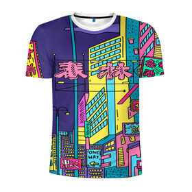 Мужская футболка 3D спортивная с принтом Токио в Тюмени, 100% полиэстер с улучшенными характеристиками | приталенный силуэт, круглая горловина, широкие плечи, сужается к линии бедра | азия | буквы | вывески | иероглифы | кислота | мегаполис | неон | неонуар | флуо | япония | яркий