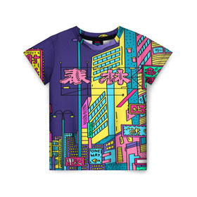 Детская футболка 3D с принтом Токио в Тюмени, 100% гипоаллергенный полиэфир | прямой крой, круглый вырез горловины, длина до линии бедер, чуть спущенное плечо, ткань немного тянется | азия | буквы | вывески | иероглифы | кислота | мегаполис | неон | неонуар | флуо | япония | яркий