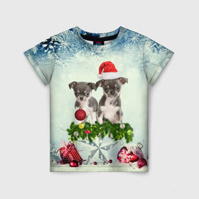 Детская футболка 3D с принтом Милые собачки в Тюмени, 100% гипоаллергенный полиэфир | прямой крой, круглый вырез горловины, длина до линии бедер, чуть спущенное плечо, ткань немного тянется | Тематика изображения на принте: christmas | new year | год собаки | елка | елочки | новогодний | новый год | рождество | снег | снежинки | собака