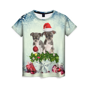 Женская футболка 3D с принтом Милые собачки в Тюмени, 100% полиэфир ( синтетическое хлопкоподобное полотно) | прямой крой, круглый вырез горловины, длина до линии бедер | christmas | new year | год собаки | елка | елочки | новогодний | новый год | рождество | снег | снежинки | собака