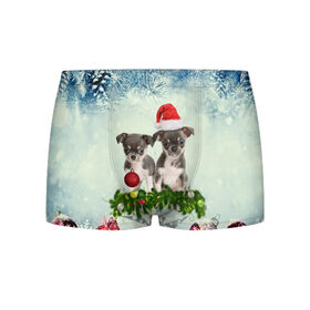 Мужские трусы 3D с принтом Милые собачки в Тюмени, 50% хлопок, 50% полиэстер | классическая посадка, на поясе мягкая тканевая резинка | Тематика изображения на принте: christmas | new year | год собаки | елка | елочки | новогодний | новый год | рождество | снег | снежинки | собака