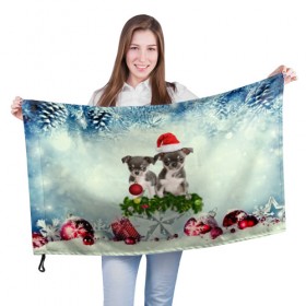 Флаг 3D с принтом Милые собачки в Тюмени, 100% полиэстер | плотность ткани — 95 г/м2, размер — 67 х 109 см. Принт наносится с одной стороны | christmas | new year | год собаки | елка | елочки | новогодний | новый год | рождество | снег | снежинки | собака
