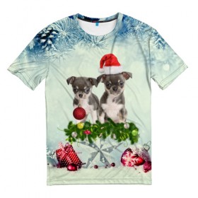 Мужская футболка 3D с принтом Милые собачки в Тюмени, 100% полиэфир | прямой крой, круглый вырез горловины, длина до линии бедер | Тематика изображения на принте: christmas | new year | год собаки | елка | елочки | новогодний | новый год | рождество | снег | снежинки | собака