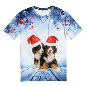 Мужская футболка 3D с принтом Новогодние собачки в Тюмени, 100% полиэфир | прямой крой, круглый вырез горловины, длина до линии бедер | christmas | new year | santa | год собаки | елка | елочки | новогодний | новый год | рождество | снег | снежинки | собака
