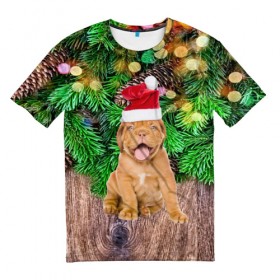 Мужская футболка 3D с принтом DOG в Тюмени, 100% полиэфир | прямой крой, круглый вырез горловины, длина до линии бедер | christmas | new year | santa | год собаки | дед мороз | елка | елочки | новогодний | новый год | рождество | сантаклаус | снег | снежинки | собака