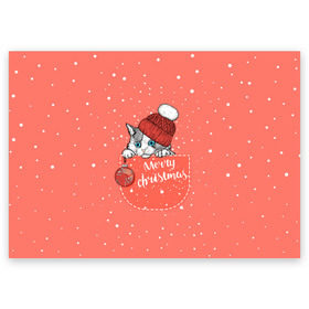 Поздравительная открытка с принтом Кошка в кармане в Тюмени, 100% бумага | плотность бумаги 280 г/м2, матовая, на обратной стороне линовка и место для марки
 | Тематика изображения на принте: зима | кот | новый год | подарок | рождество