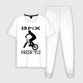 Мужская пижама хлопок с принтом BMX FreeStyle в Тюмени, 100% хлопок | брюки и футболка прямого кроя, без карманов, на брюках мягкая резинка на поясе и по низу штанин
 | Тематика изображения на принте: bmx | freestyle | велик | велосипед | трюки | экстрим