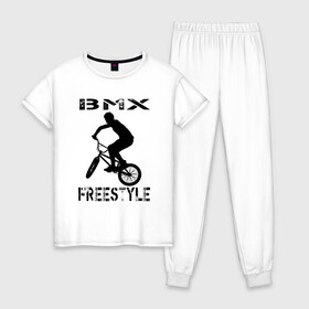Женская пижама хлопок с принтом BMX FreeStyle в Тюмени, 100% хлопок | брюки и футболка прямого кроя, без карманов, на брюках мягкая резинка на поясе и по низу штанин | bmx | freestyle | велик | велосипед | трюки | экстрим