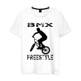 Мужская футболка хлопок с принтом BMX FreeStyle в Тюмени, 100% хлопок | прямой крой, круглый вырез горловины, длина до линии бедер, слегка спущенное плечо. | Тематика изображения на принте: bmx | freestyle | велик | велосипед | трюки | экстрим