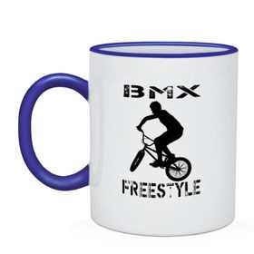 Кружка двухцветная с принтом BMX FreeStyle в Тюмени, керамика | объем — 330 мл, диаметр — 80 мм. Цветная ручка и кайма сверху, в некоторых цветах — вся внутренняя часть | bmx | freestyle | велик | велосипед | трюки | экстрим