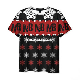 Мужская футболка 3D с принтом Праздничный Nickelback в Тюмени, 100% полиэфир | прямой крой, круглый вырез горловины, длина до линии бедер | nickelback | дэниел адэр | майк крюгер | никелбек | никл бек | новогодний | новый год | райан пик | рождество | чед крюгер