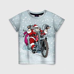 Детская футболка 3D с принтом Санта Клаус байкер в Тюмени, 100% гипоаллергенный полиэфир | прямой крой, круглый вырез горловины, длина до линии бедер, чуть спущенное плечо, ткань немного тянется | Тематика изображения на принте: байк | дед мороз | зима | мотоцикл | рождество | снег