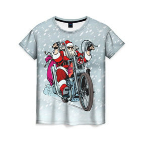 Женская футболка 3D с принтом Санта Клаус байкер в Тюмени, 100% полиэфир ( синтетическое хлопкоподобное полотно) | прямой крой, круглый вырез горловины, длина до линии бедер | байк | дед мороз | зима | мотоцикл | рождество | снег