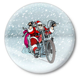 Значок с принтом Санта Клаус байкер в Тюмени,  металл | круглая форма, металлическая застежка в виде булавки | Тематика изображения на принте: байк | дед мороз | зима | мотоцикл | рождество | снег