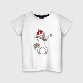 Детская футболка хлопок с принтом Единорог в шапке Санты Дэб в Тюмени, 100% хлопок | круглый вырез горловины, полуприлегающий силуэт, длина до линии бедер | Тематика изображения на принте: дэб | единорог | новый год | санта