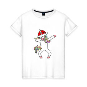 Женская футболка хлопок с принтом Единорог в шапке Санты Дэб в Тюмени, 100% хлопок | прямой крой, круглый вырез горловины, длина до линии бедер, слегка спущенное плечо | дэб | единорог | новый год | санта