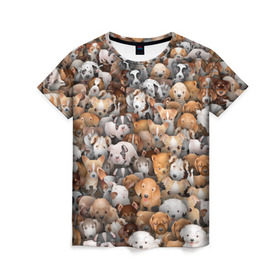 Женская футболка 3D с принтом Щенки в Тюмени, 100% полиэфир ( синтетическое хлопкоподобное полотно) | прямой крой, круглый вырез горловины, длина до линии бедер | бультерьер | корги | мопс | паттерн | пес | питбуль | породы | собака | собачка | хаски | щенок