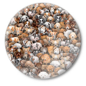 Значок с принтом Щенки в Тюмени,  металл | круглая форма, металлическая застежка в виде булавки | Тематика изображения на принте: бультерьер | корги | мопс | паттерн | пес | питбуль | породы | собака | собачка | хаски | щенок