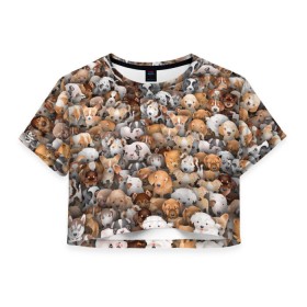 Женская футболка 3D укороченная с принтом Щенки в Тюмени, 100% полиэстер | круглая горловина, длина футболки до линии талии, рукава с отворотами | бультерьер | корги | мопс | паттерн | пес | питбуль | породы | собака | собачка | хаски | щенок