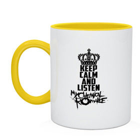 Кружка двухцветная с принтом Keep calm and listen MCR в Тюмени, керамика | объем — 330 мл, диаметр — 80 мм. Цветная ручка и кайма сверху, в некоторых цветах — вся внутренняя часть | Тематика изображения на принте: gerard way | mcr | my chemical romance | альтернативный | группа | джерард уэй | май кемикал романс | мкр | мой химический роман | мхр | мцр | панк | поп | поппанк | рок | рэй торо