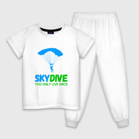 Детская пижама хлопок с принтом skydive в Тюмени, 100% хлопок |  брюки и футболка прямого кроя, без карманов, на брюках мягкая резинка на поясе и по низу штанин
 | adrenaline | base jumping | extreme | jump | parachute | sky | skydive | адреналин | бейс | бейсджампинг | высота | небо | облака | парашют | полет | прыжок | риск | самолет | свобода | экстрим