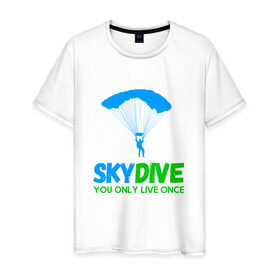 Мужская футболка хлопок с принтом skydive в Тюмени, 100% хлопок | прямой крой, круглый вырез горловины, длина до линии бедер, слегка спущенное плечо. | Тематика изображения на принте: adrenaline | base jumping | extreme | jump | parachute | sky | skydive | адреналин | бейс | бейсджампинг | высота | небо | облака | парашют | полет | прыжок | риск | самолет | свобода | экстрим