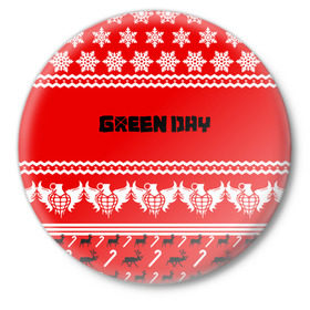 Значок с принтом Праздничный Green Day в Тюмени,  металл | круглая форма, металлическая застежка в виде булавки | Тематика изображения на принте: green day | билли джо армстронг | грин дей | зелёный день | майк дёрнт | тре кул