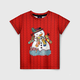 Детская футболка 3D с принтом Снеговик вышивка в Тюмени, 100% гипоаллергенный полиэфир | прямой крой, круглый вырез горловины, длина до линии бедер, чуть спущенное плечо, ткань немного тянется | new year | елка | новогодний | новогодняя вышивка | новый год | рождество | снег | снежинки