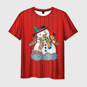 Мужская футболка 3D с принтом Снеговик вышивка в Тюмени, 100% полиэфир | прямой крой, круглый вырез горловины, длина до линии бедер | Тематика изображения на принте: new year | елка | новогодний | новогодняя вышивка | новый год | рождество | снег | снежинки