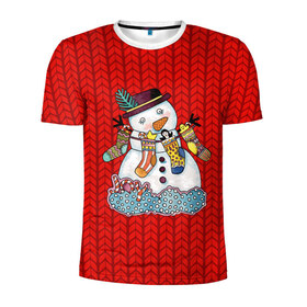 Мужская футболка 3D спортивная с принтом Снеговик вышивка в Тюмени, 100% полиэстер с улучшенными характеристиками | приталенный силуэт, круглая горловина, широкие плечи, сужается к линии бедра | new year | елка | новогодний | новогодняя вышивка | новый год | рождество | снег | снежинки