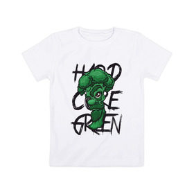 Детская футболка хлопок с принтом Брокколи Hardcore Green в Тюмени, 100% хлопок | круглый вырез горловины, полуприлегающий силуэт, длина до линии бедер | beard | broccoli | vegan | vegeterian | борода | брокколи | веган | вегетарианец | вегетарианство | зеленый | овощ | персонаж | слоган | усы