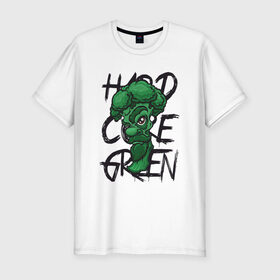 Мужская футболка премиум с принтом Брокколи Hardcore Green в Тюмени, 92% хлопок, 8% лайкра | приталенный силуэт, круглый вырез ворота, длина до линии бедра, короткий рукав | beard | broccoli | vegan | vegeterian | борода | брокколи | веган | вегетарианец | вегетарианство | зеленый | овощ | персонаж | слоган | усы