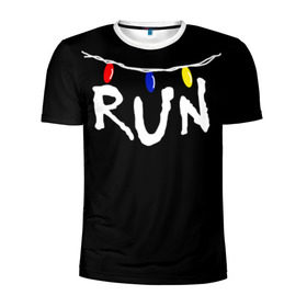 Мужская футболка 3D спортивная с принтом Stranger Things RUN в Тюмени, 100% полиэстер с улучшенными характеристиками | приталенный силуэт, круглая горловина, широкие плечи, сужается к линии бедра | stranger things | гирлянда | очень странные дела