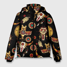 Мужская зимняя куртка 3D с принтом Индейский орнамент в Тюмени, верх — 100% полиэстер; подкладка — 100% полиэстер; утеплитель — 100% полиэстер | длина ниже бедра, свободный силуэт Оверсайз. Есть воротник-стойка, отстегивающийся капюшон и ветрозащитная планка. 

Боковые карманы с листочкой на кнопках и внутренний карман на молнии. | amulets | bulls | feathers | indian ornament | masks | owls | patterns | skulls | tambourines | амулеты | бубны | быки | индейский орнамент | маски | перья | совы | узоры | черепа
