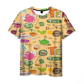 Мужская футболка 3D с принтом Tea bombing в Тюмени, 100% полиэфир | прямой крой, круглый вырез горловины, длина до линии бедер | char | tea | tea party | еда | конфеты | лимон | напиток | печенье | сладости | тортики | чай | чашка