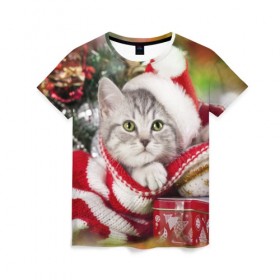 Женская футболка 3D с принтом Новогодний котик в Тюмени, 100% полиэфир ( синтетическое хлопкоподобное полотно) | прямой крой, круглый вырез горловины, длина до линии бедер | елка | зима | кот | котейка | кошка | мороз | новый год | снег